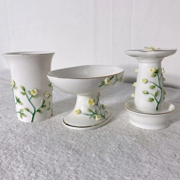 Vintage Ceramic Yellow Flower Bathroom Set Toothbrush Holder Cup Soap Dish - Picture 6 of 12